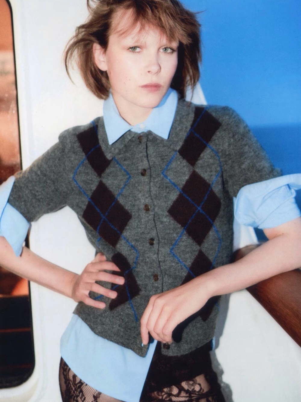H&M Gray Argyle Button Up Collared Cardi Sweater Size XL NWT - Picture 2 of 6